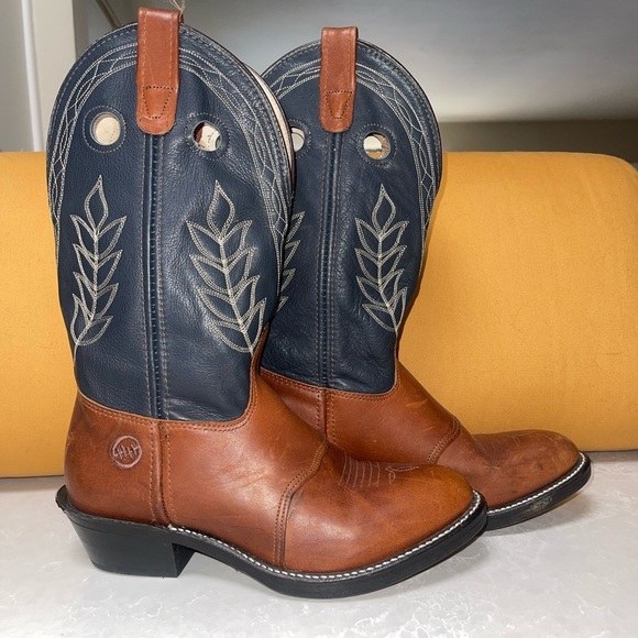 Double H Brown and Blue Cowboy Boots with Decorative Stitching EUC - Picture 2 of 10